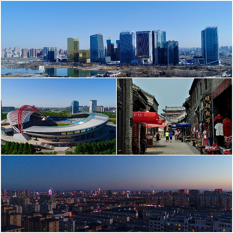 wikimedia.org: Clockwise from top: Zibo new area CBD, Zhoucun ancient commercial city, Zhangdian district downtown, Zibo sports center stadium